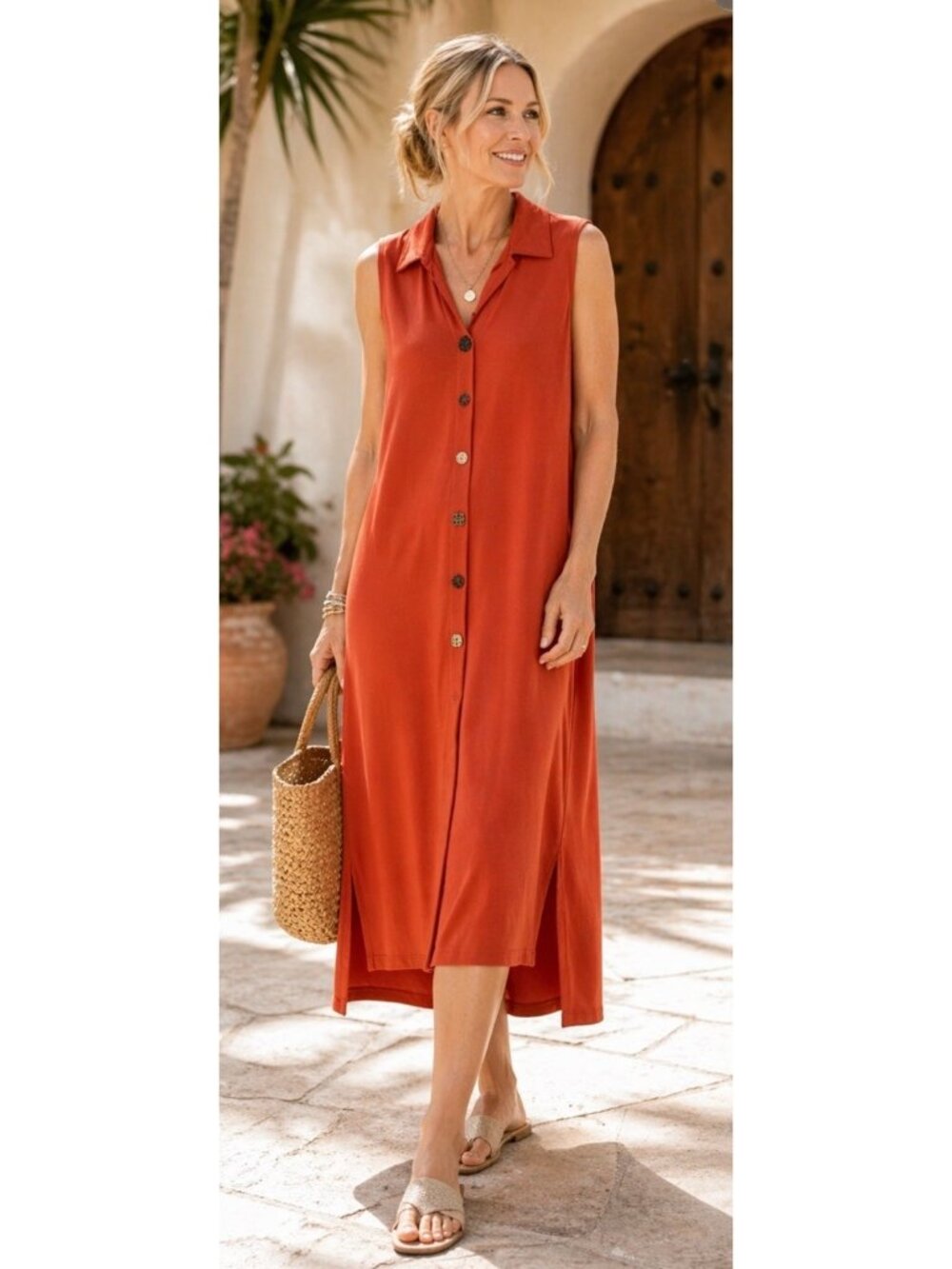 Soft Surroundings Maxi Dress Burnt Orange Sleeveless Button Front Travel Size L